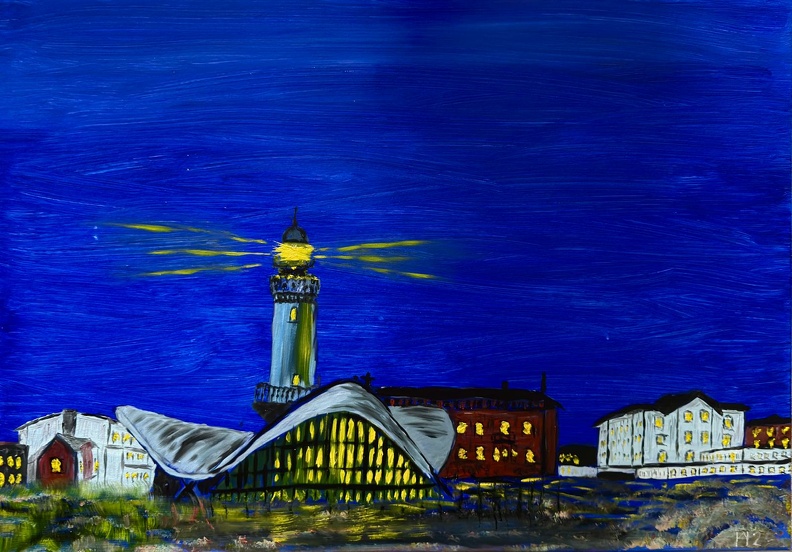Warnemünde mit Leuchtturm und Teepott zur blauen Stunde