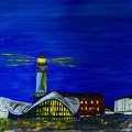 Warnemünde mit Leuchtturm und Teepott zur blauen Stunde