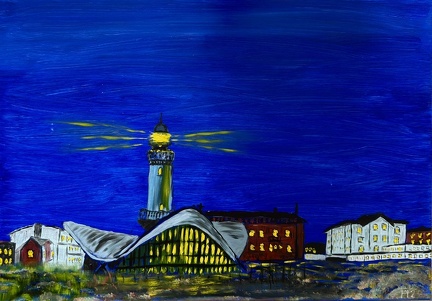 Warnemünde mit Leuchtturm und Teepott zur blauen Stunde