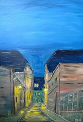 Die Brückengasse in Altentreptow zur blauen Stunde