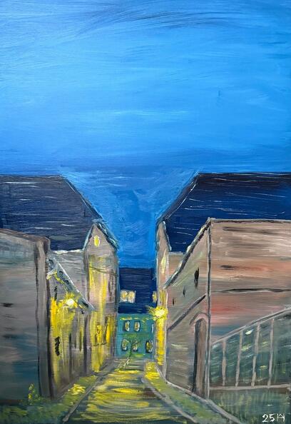 Die Brückengasse in Altentreptow zur blauen Stunde
