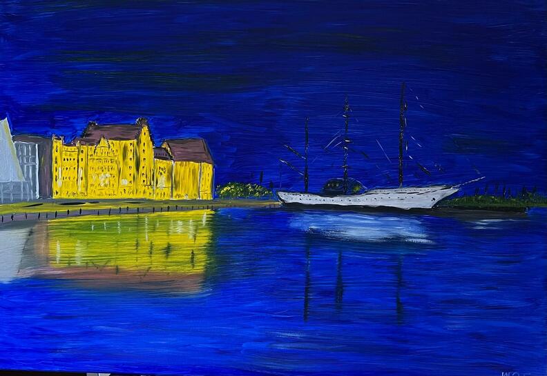 Stralsunder Hafen mit Gorch Fock zur blauen Stunde