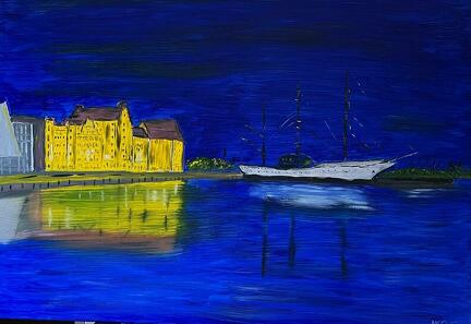 Stralsunder Hafen mit Gorch Fock zur blauen Stunde