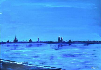 Stralsund - Ansicht über dem Strelasund zur blauen Stunde